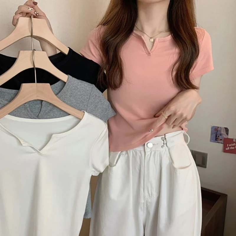 Small V-Neck Short Tops Women Summer Navel Exposed Solid Color Short-Sleeved T-Shirt