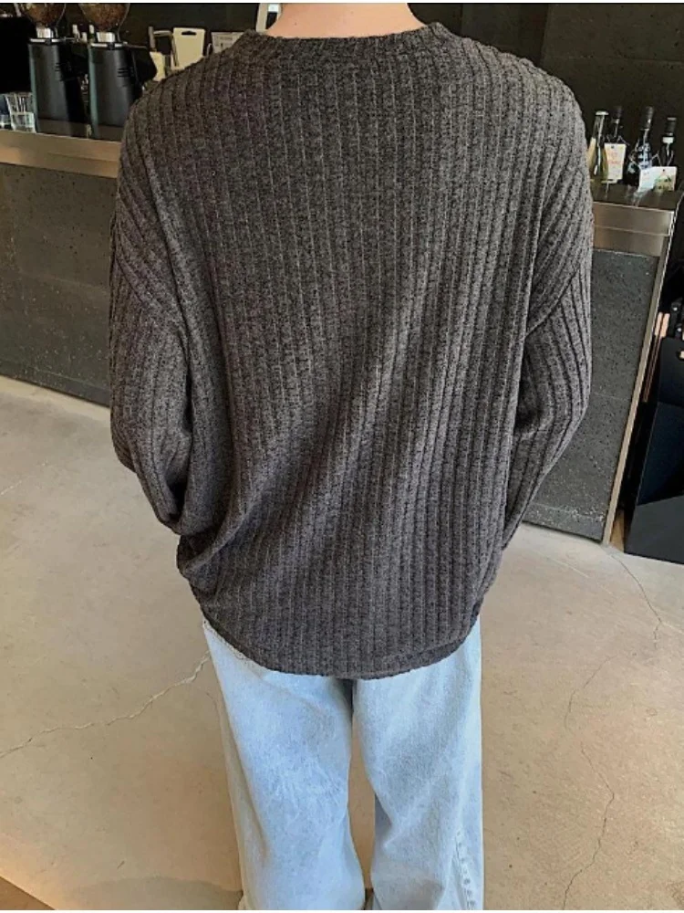 2026 New Spring Autumn Men Light Gray Knit Long Sleeve T Shirt Lazy Style High Neck Basic Tee Round Neck Pullover Sweatshirt