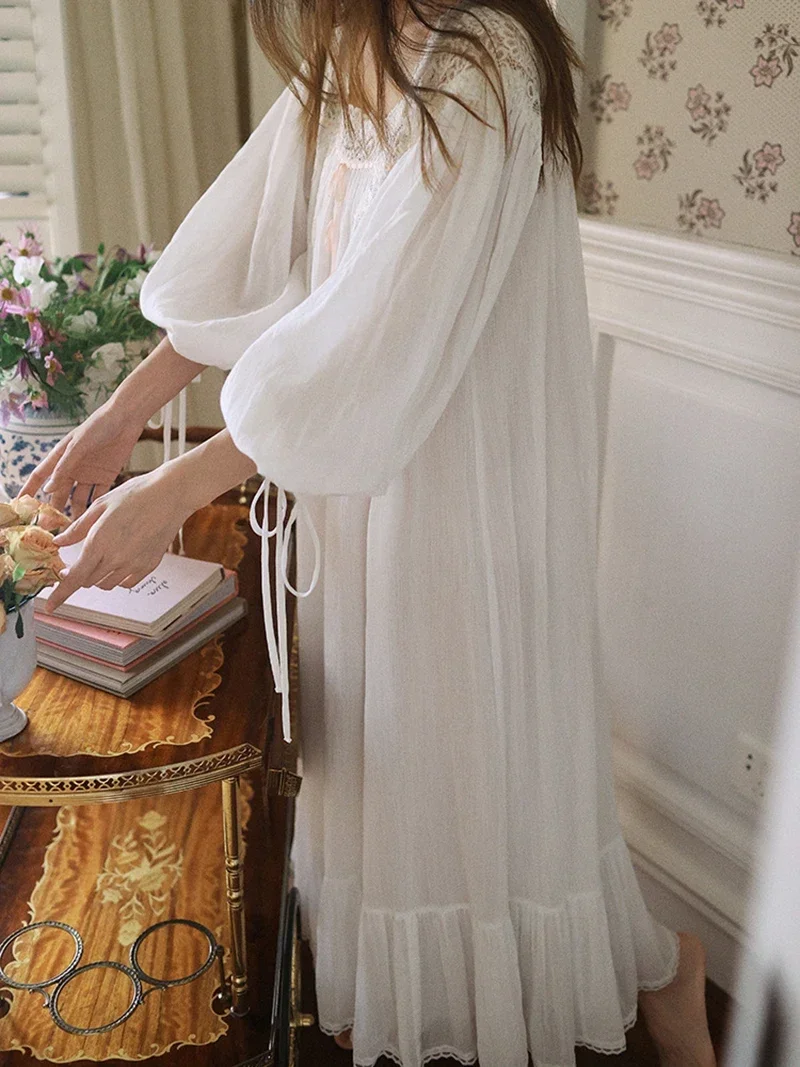 Women 2024 Pure Cotton Fairy Pajama Nightdress Vintage Princess Loose Long Sleeve Spring Autumn Victorian Nightgowns Sleepwear