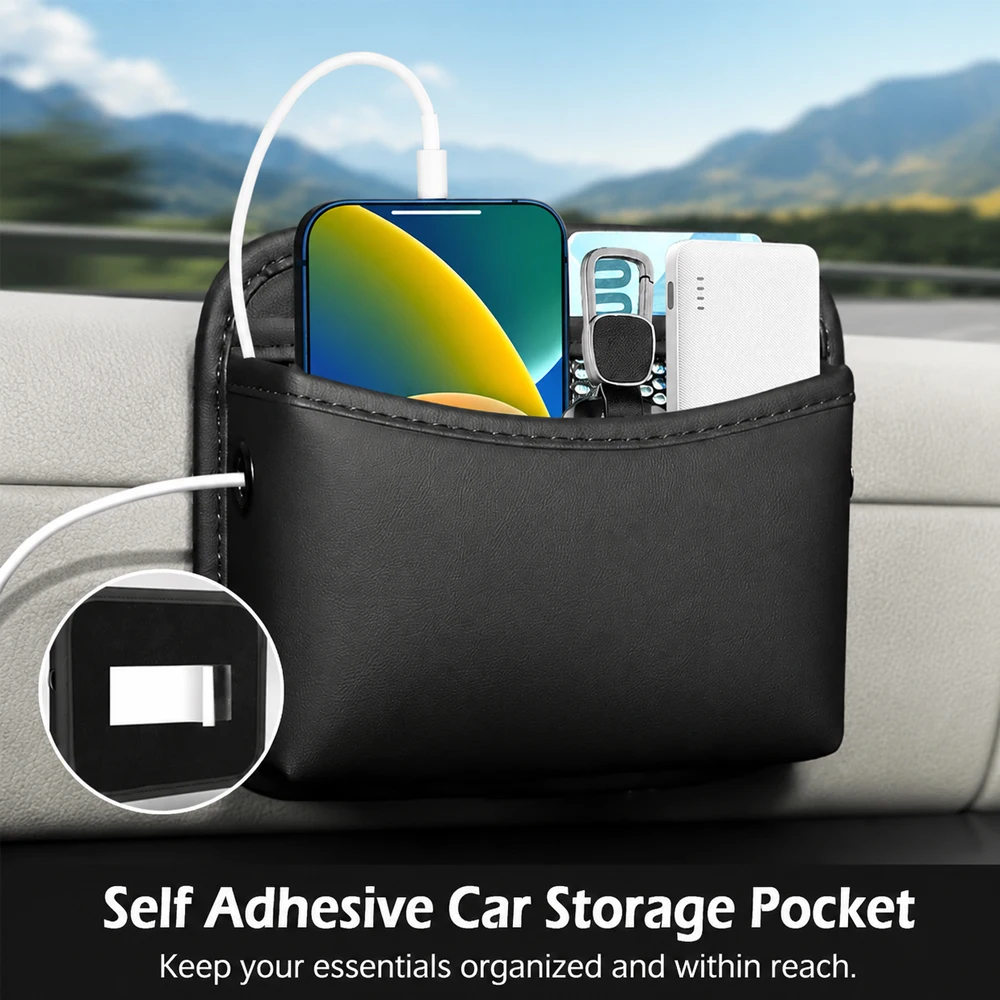 Self Adhesive Car Seat Organizer with Side Storage Pocket Small Item Bag for Phone Sunglasses Keys Auto Vehicle Organizer
