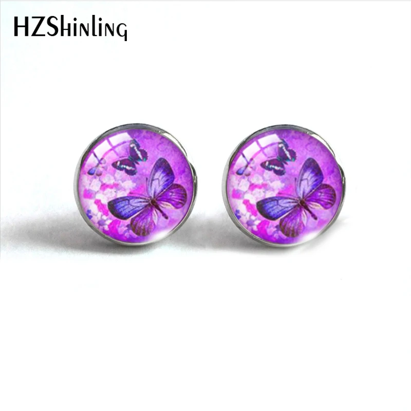 New Arrival Rainbow Color Butterflies Colorful Handmade Stainless Steel Earrings Beauty Butterfly Glass Dome Stud Earrings