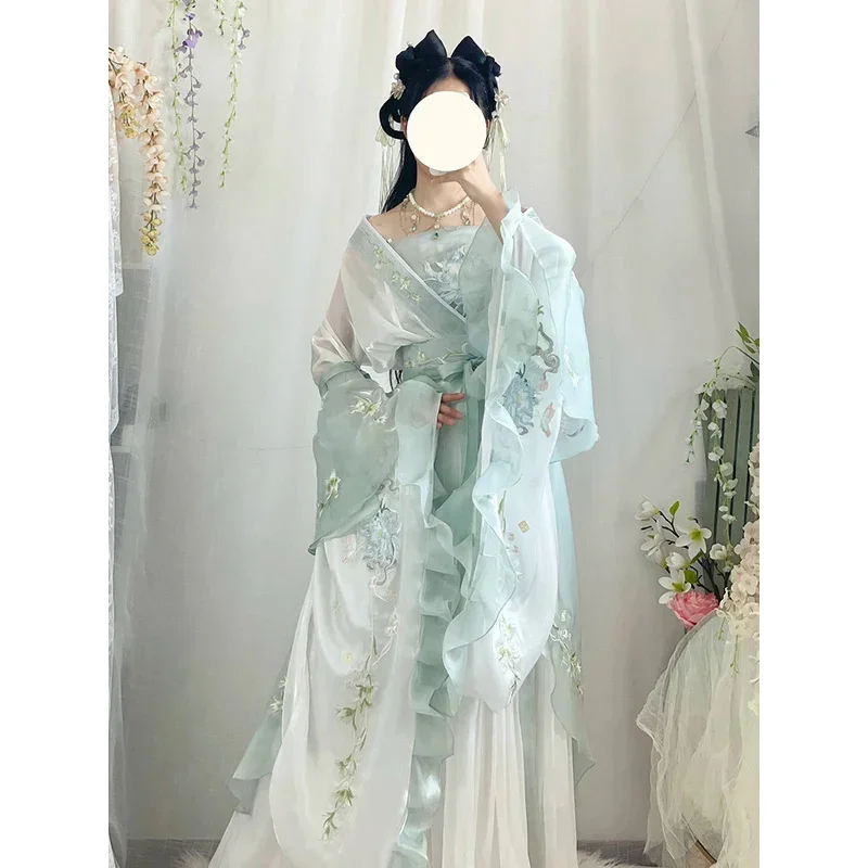 女性のための中国の漢服ドレス,古い伝統的な刺繍セット,カーニバルの妖精のコスプレ衣装,緑のダンス,mn7