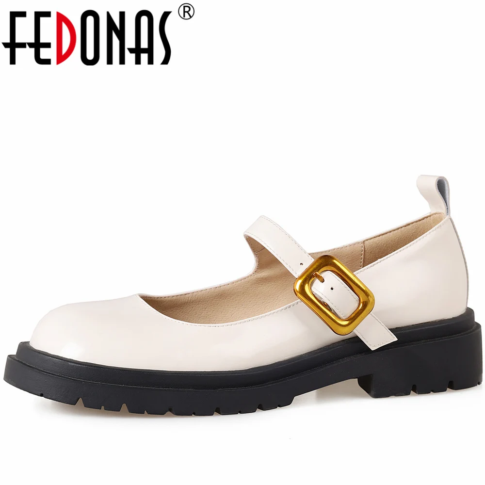 

FEDONAS Concise Low Heels Women Pumps Round Toe Genuine Leather Casual Buckle Strap Mary Janes 2023 Spring Summer Shoes Woman