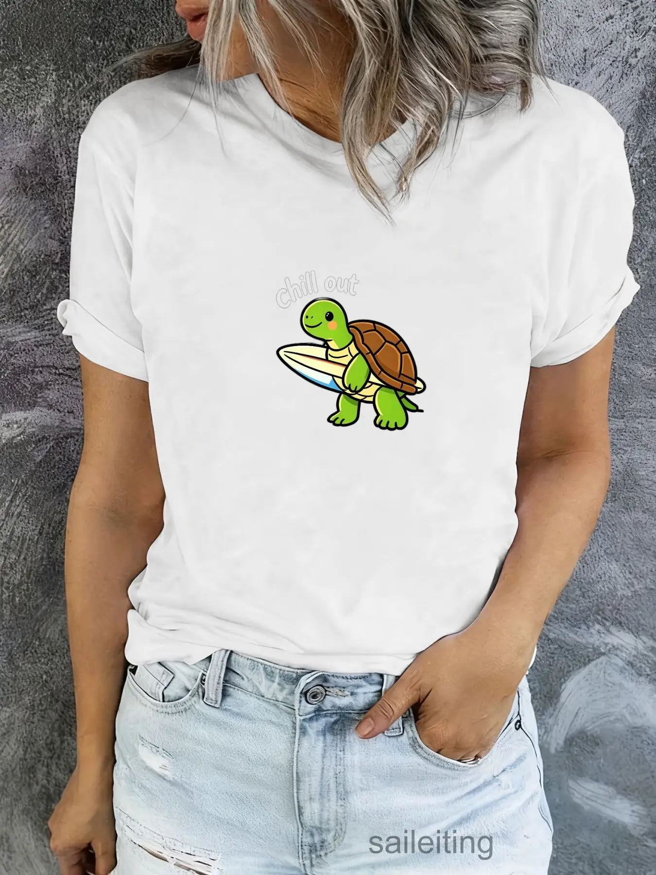 Chill Out Green Sea Turtle Surfing Cartoon Graphic Tee - Men Women Casual Short Sleeve T-Shirt, Summer Breathable Relaxed Fit