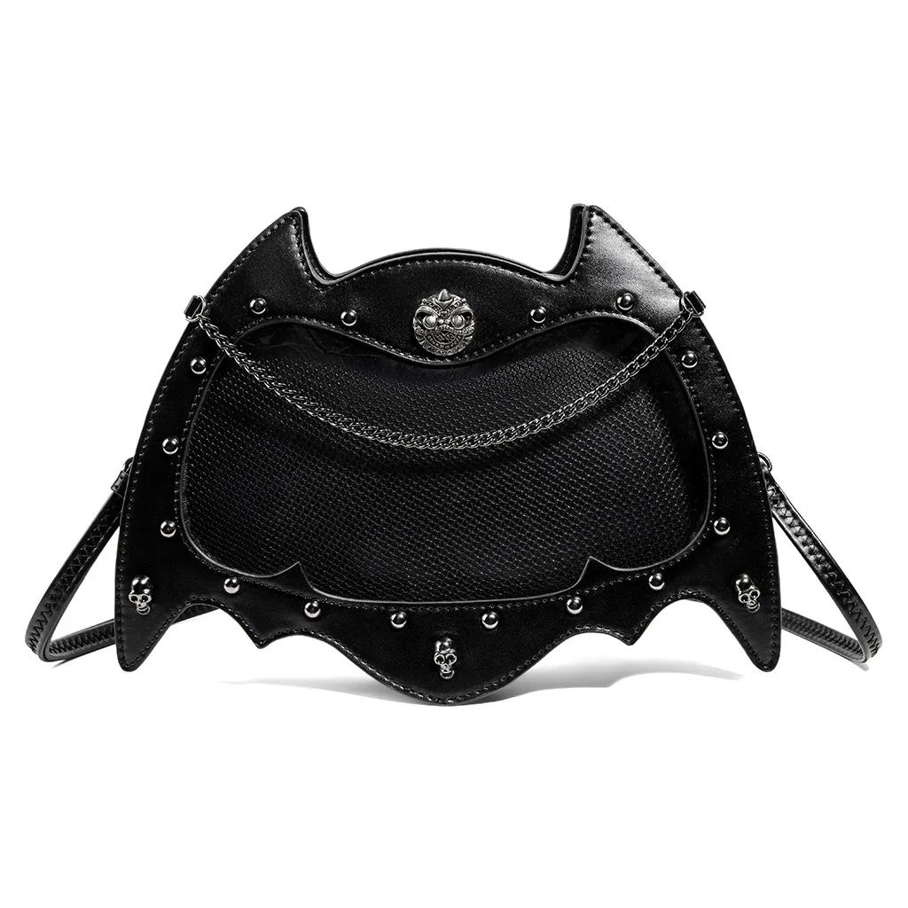 Black Gothic Bat Wing Ita Bag, PU Leather Crossbody Purse by GEARDUKE for Anime Pins Display & Streetwear