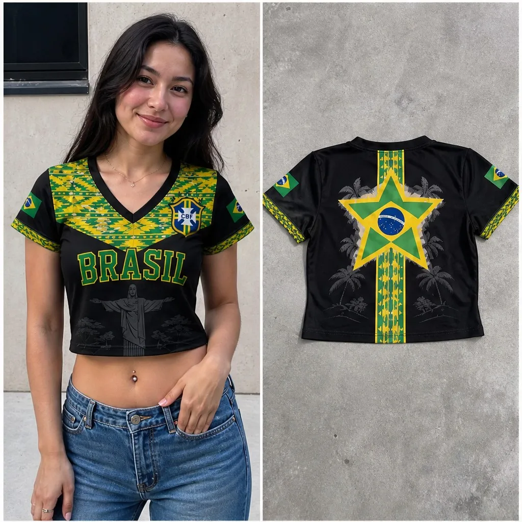 Womens Brazil V Neck Short Sleeve Crop Top Star Landmark Graphic Casual Summer Shirt for Street Travel Holiday and Everyday Wear