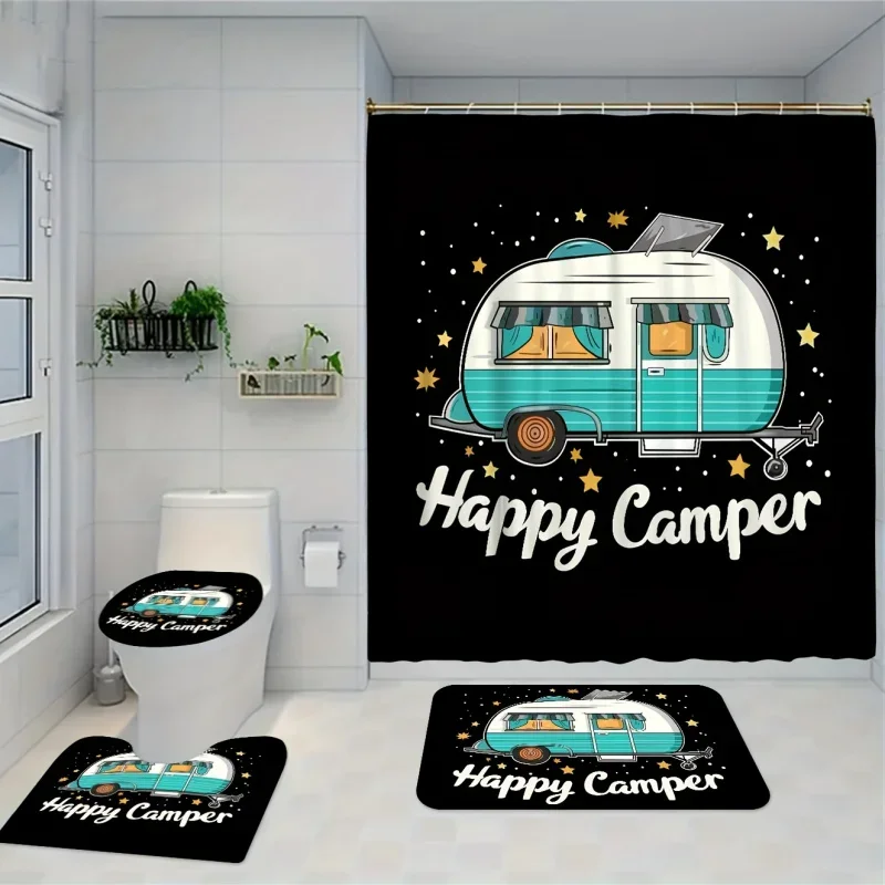 

Набор для ванной комнаты Blue Camper Bus Starry Night из 4 предметов — устойчивая к выцветанию занавеска для душа с крючками и нескользящим ковриком