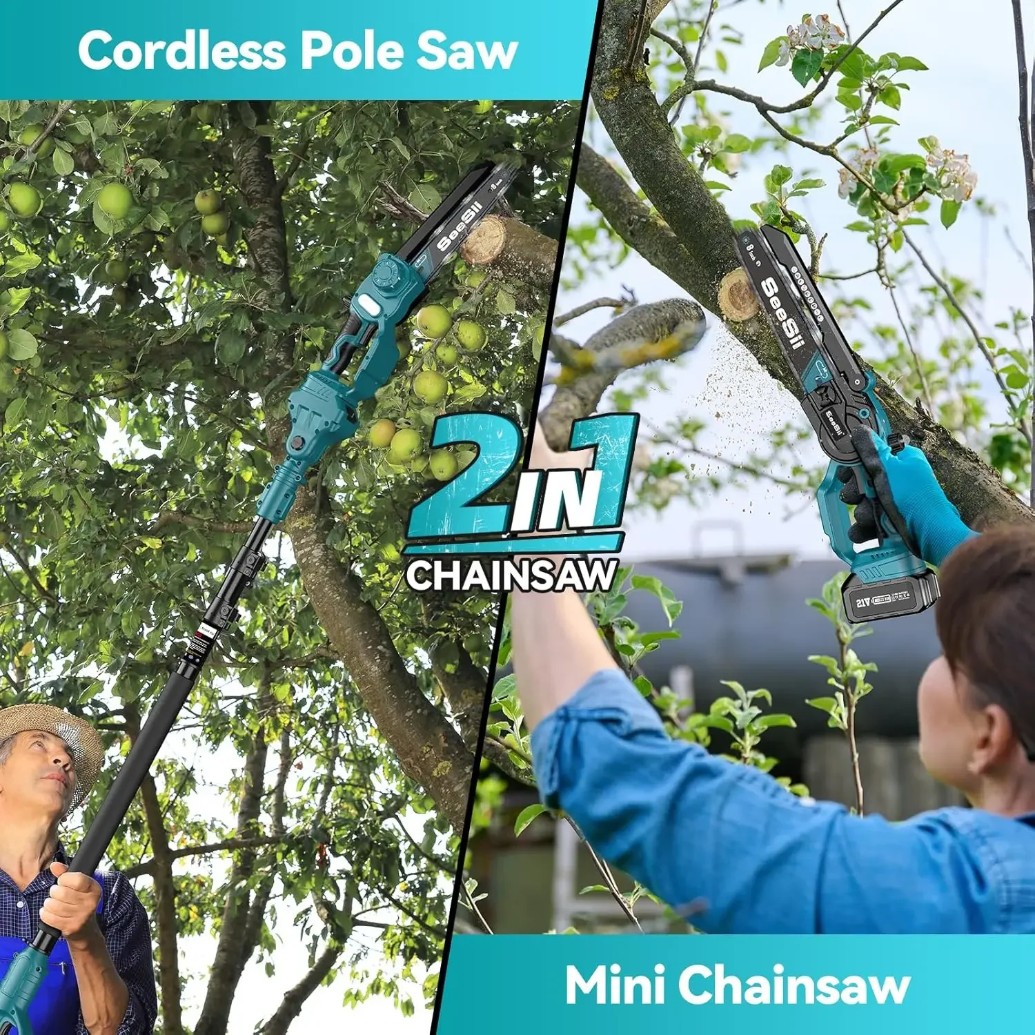 2 in 1 Cordless 8 inch Pole Saw & Mini Chainsaw with 2 Battery, Power Electric Polesaw for Tree Trimming, Chain Saw