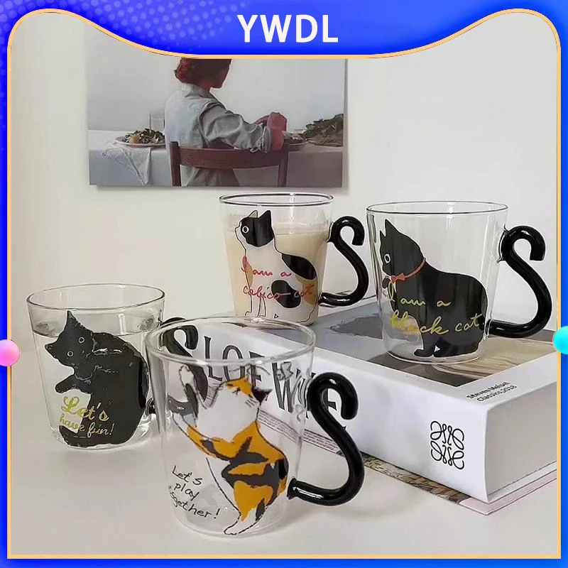 

YWDL 4pcs 250 ml Glass Cup Coffee Mug Set Cute Black Cat Milk Water Juice Mugs Tea Cup Christmas Gift