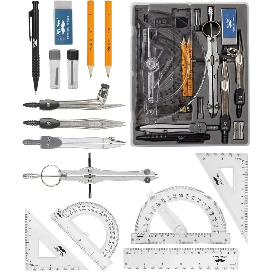 15-Piece Geometry Set with 6-Inch Protractor | Compass Ruler Back-to-School Supplies for Students & Teachers