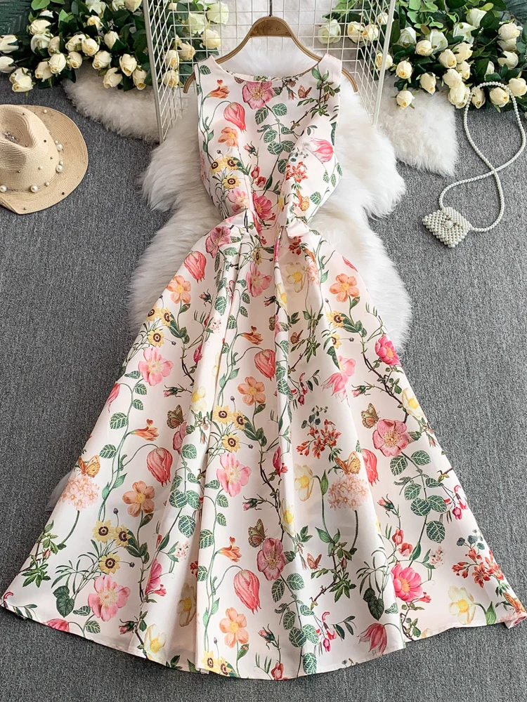 Vestido F E Estampado Sem Mangas com Saia Godê, Cintura Alta, Efeito Emaecedor, Novo Estilo Coreano para o Ve...