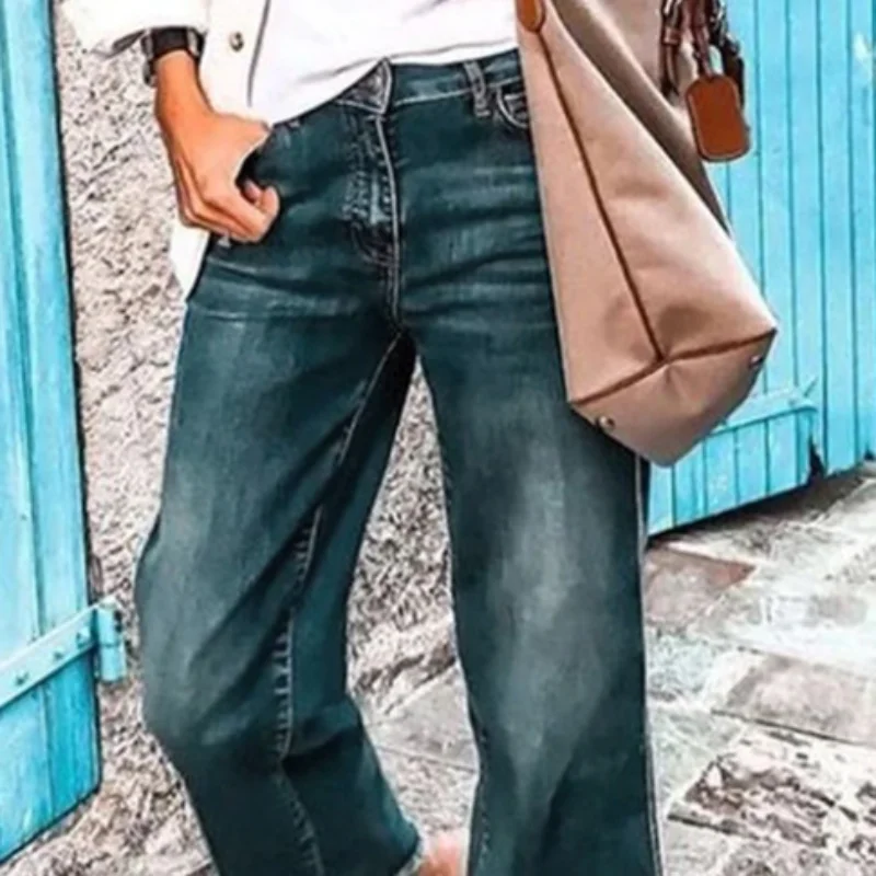 2023 Autumn Female Flare Jeans School Girls Frayed Hem Cropped Denim Pants Plus Size Ankle-length Woman Vintage Trousers Loose