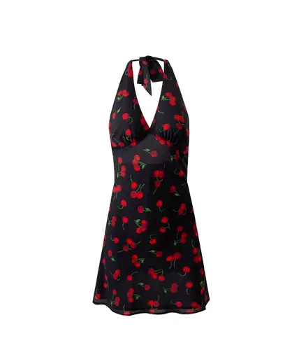 Vestido Floral Retro con estampado de cerezas para verano, traje de estilo francés europeo y americano con espalda descubierta y cuello colgante, novedad de 2024