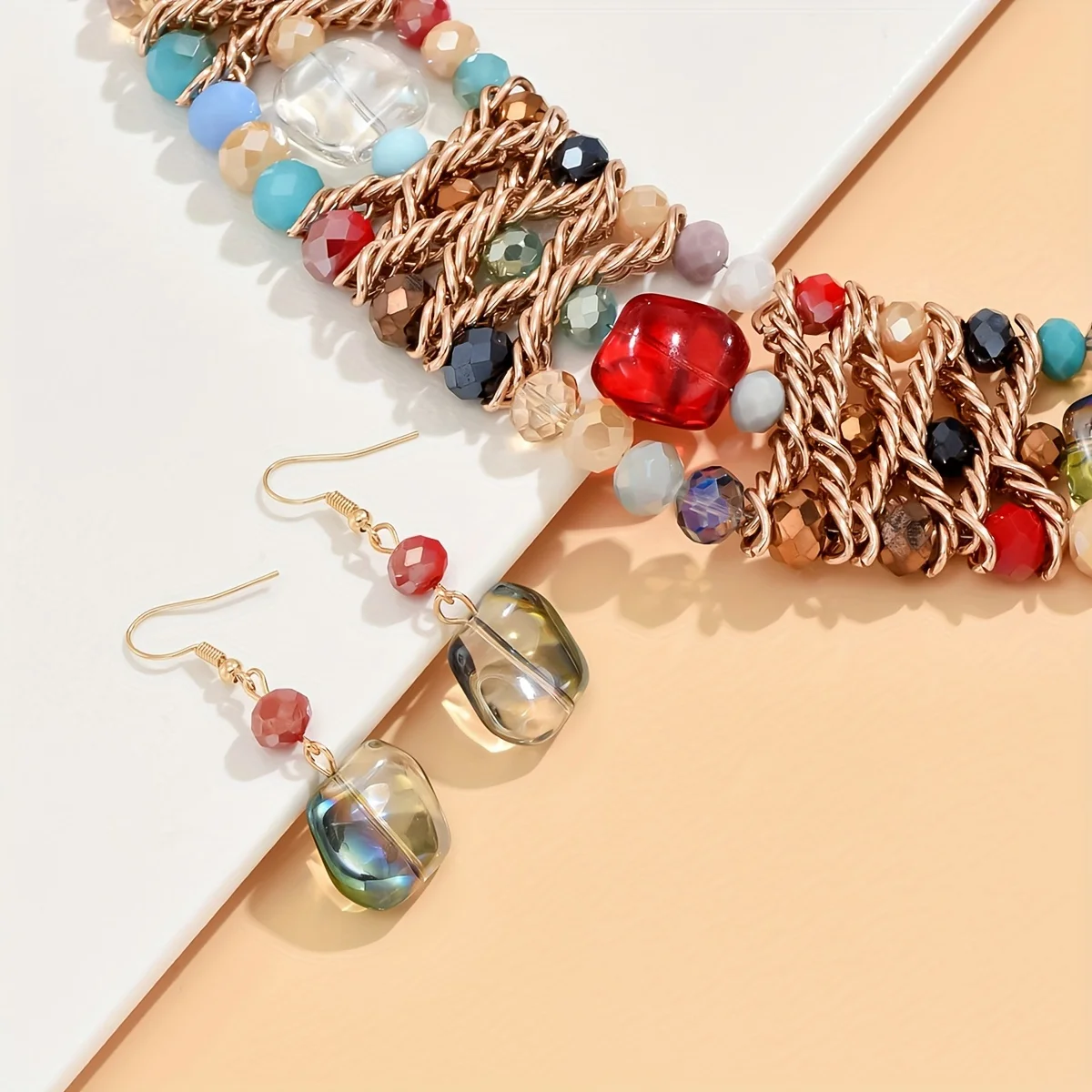 Colorful Artificial Crystal Beads Decor Dangle Earrings & Necklace Boho Elegant Style Holiday Vocation Accessories Jewelry Set
