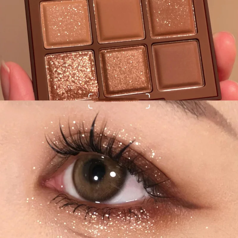 9-Color mocha brown eyeshadow tray, smoky makeup, brown, pearl matte eyeshadow, long-lasting, glamorous eye makeup sparkle