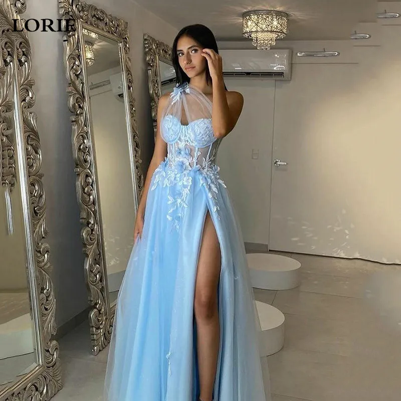 LORIE Sky Blue A Line abiti da ballo Appliques di pizzo senza maniche con spacco laterale abiti da sera formali da donna 2024