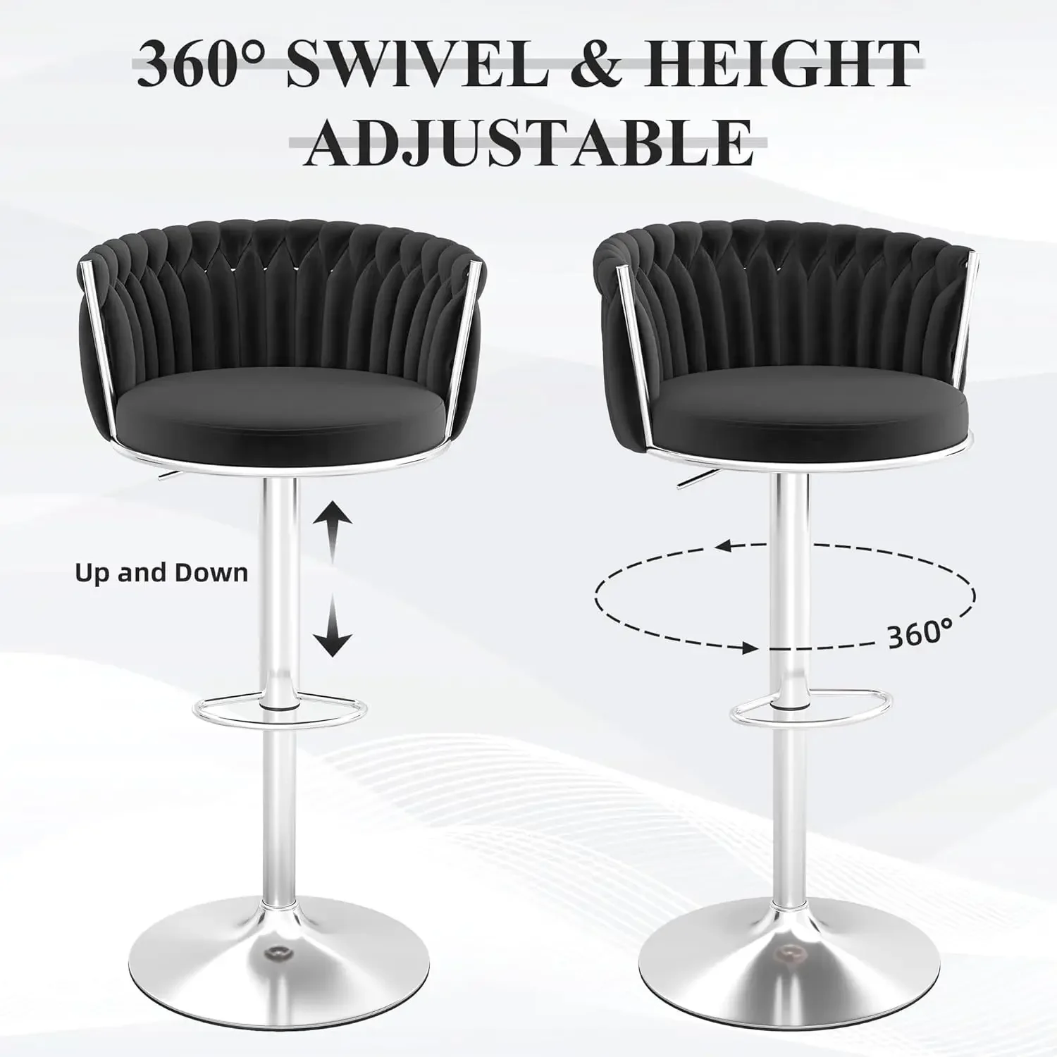 [Limited Stock, Buy Now!]Silver Bar Stool Set of 6, Velvet Swivel Barstools, Height Adjustable Counter Stools with Woven Backres