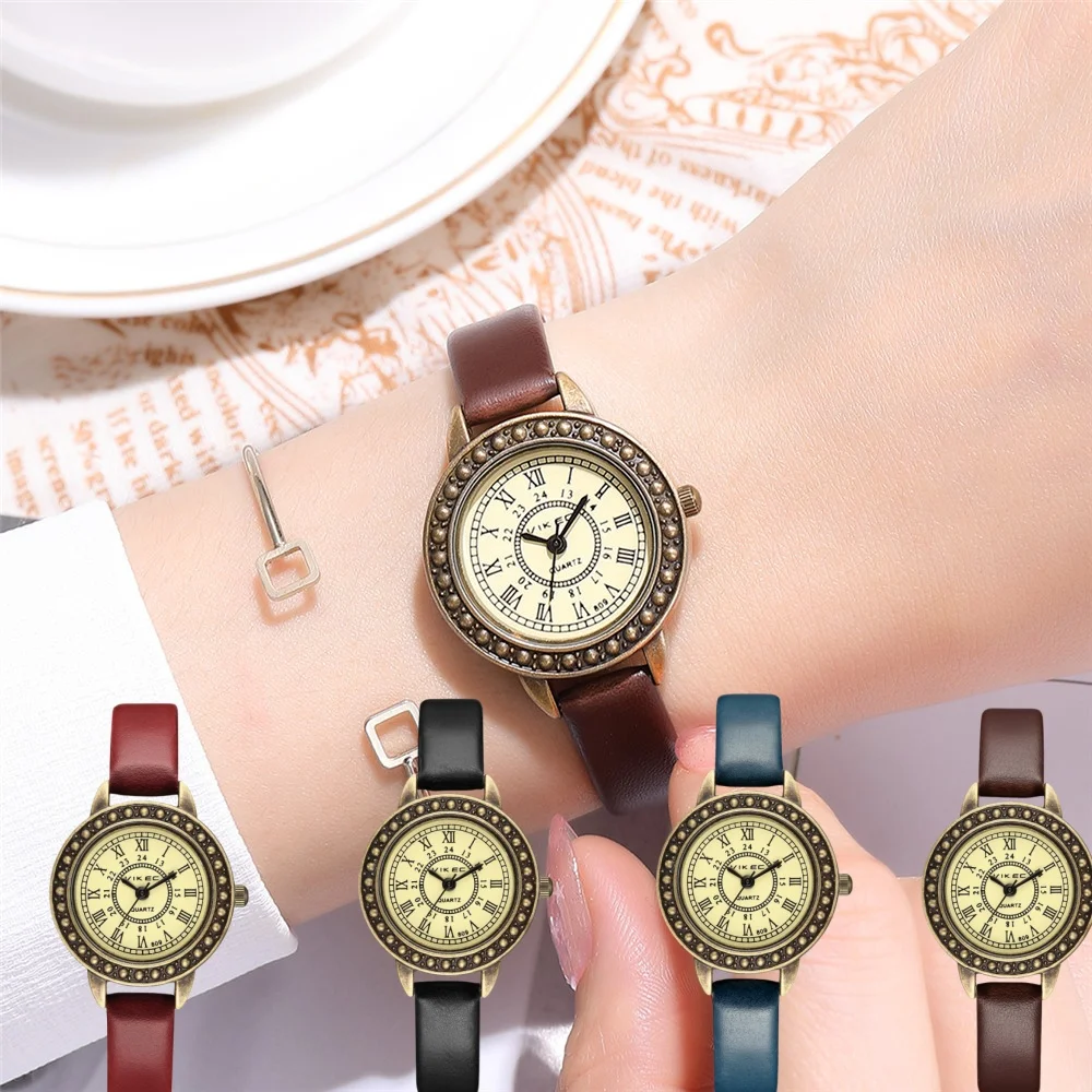 Vintage Bronze Quartz Belt Watch Small Roman Scale Quartz Ladies Watches pu Leather Thin Band Small Dial Relogio Feminino