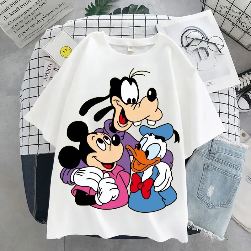 ديسني-تيشيرت هاراجو بأكمام قصيرة ، طباعة كرتون لطيفة ، ميكي ، دونالد دك ، رقبة مستديرة ، قمم نسائية ، الصيف