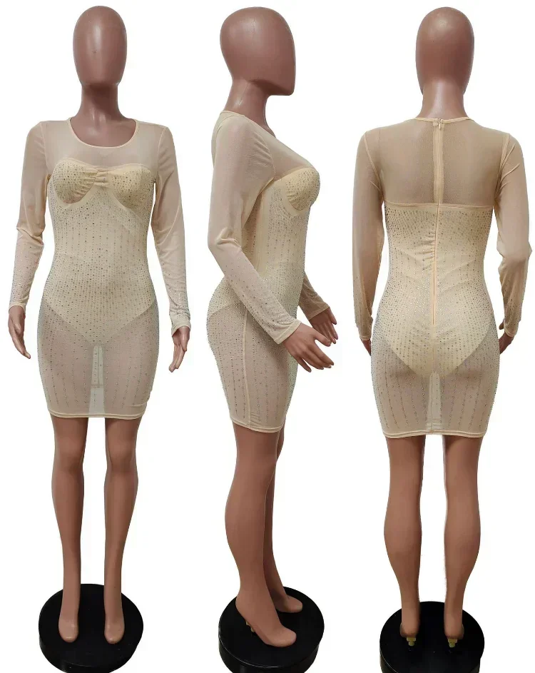 GUWU انظر من خلال شبكة المرقعة مثير كريستال حجر الراين Bodycon فستان شير حفلة ليلة بريق فستان عيد ميلاد النساء كلوبوير