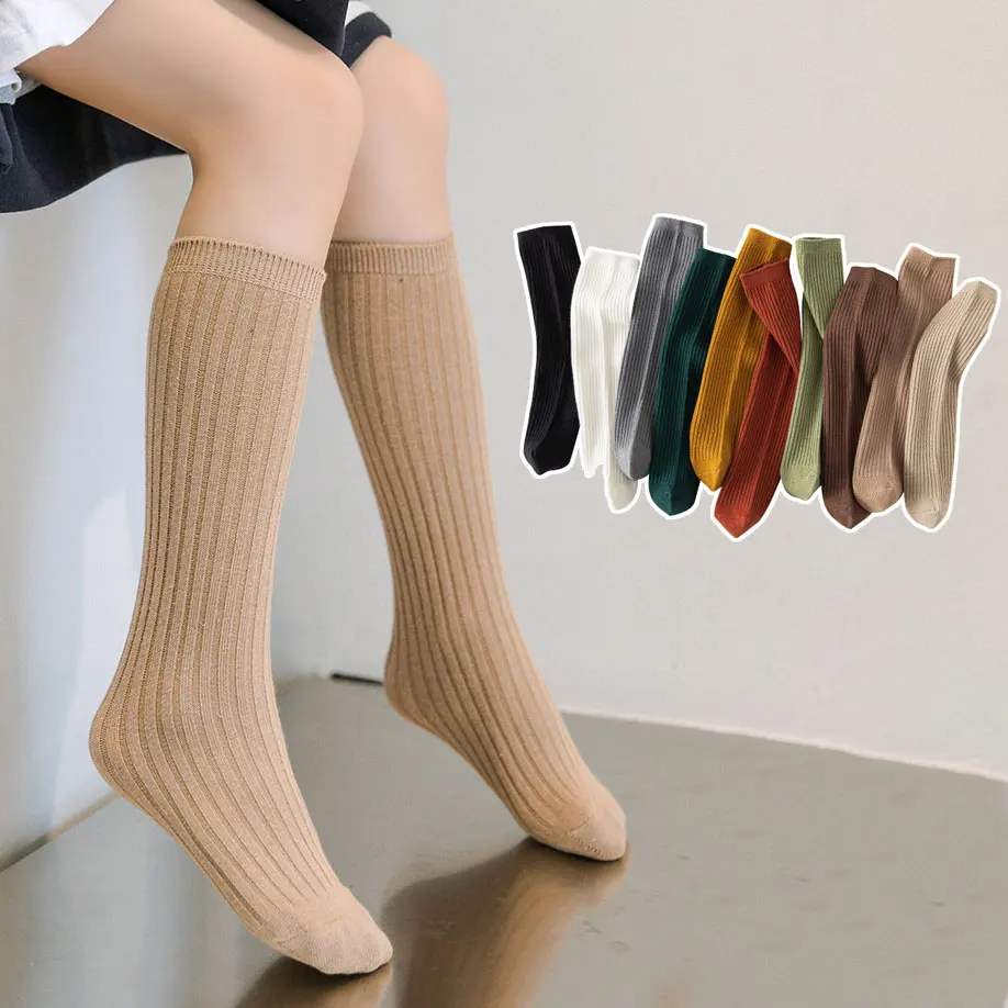 Autumn Winter Thicken Warm Cotton Knee High Long Calf Sport Socks Children Korean Solid Dark Coffee Color Ribbed Strip Stockings