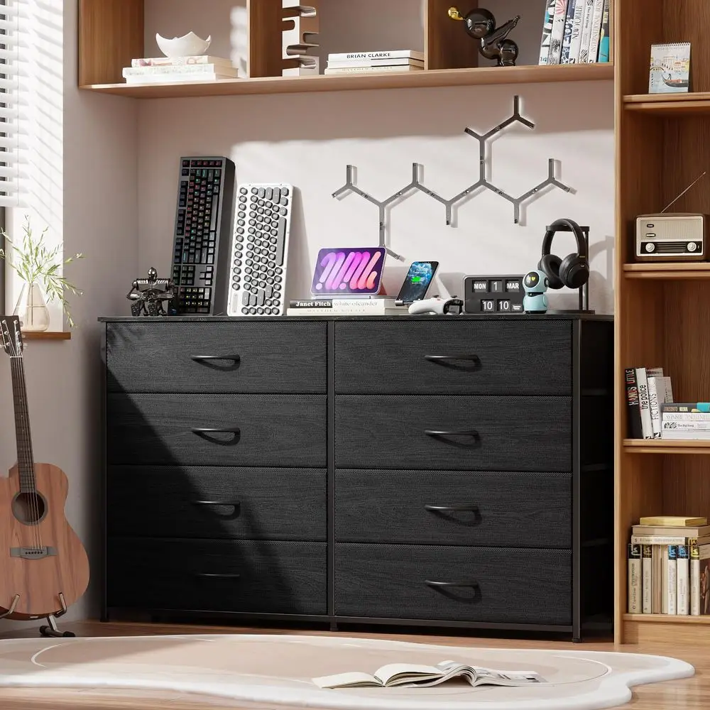 Wide Dresser with 8 Fabric Drawers, TV Entertainment Center with Storage for 55 TV, Large Chest of Drawers for Bedroom, Living