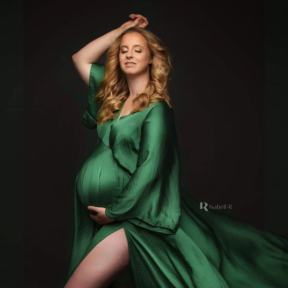 2025 New Maternity Dress Photoshoot V-Neck Satin Gown for Baby Shower Pregnancy Photoshoot Outfit  Plus Size Maxi Dress ﻿