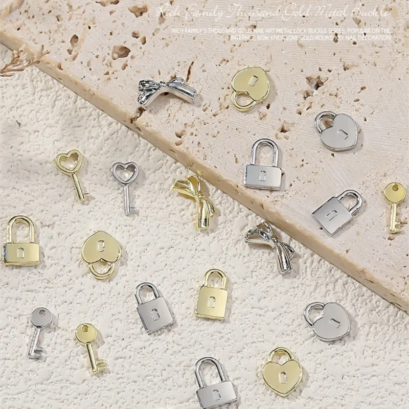 20PCS 3D Mini Alloy Love Key Lock Glossy Gold Silver Metal Nail Art Rhinestones Decorations Manicure Cute Ornaments Accessories