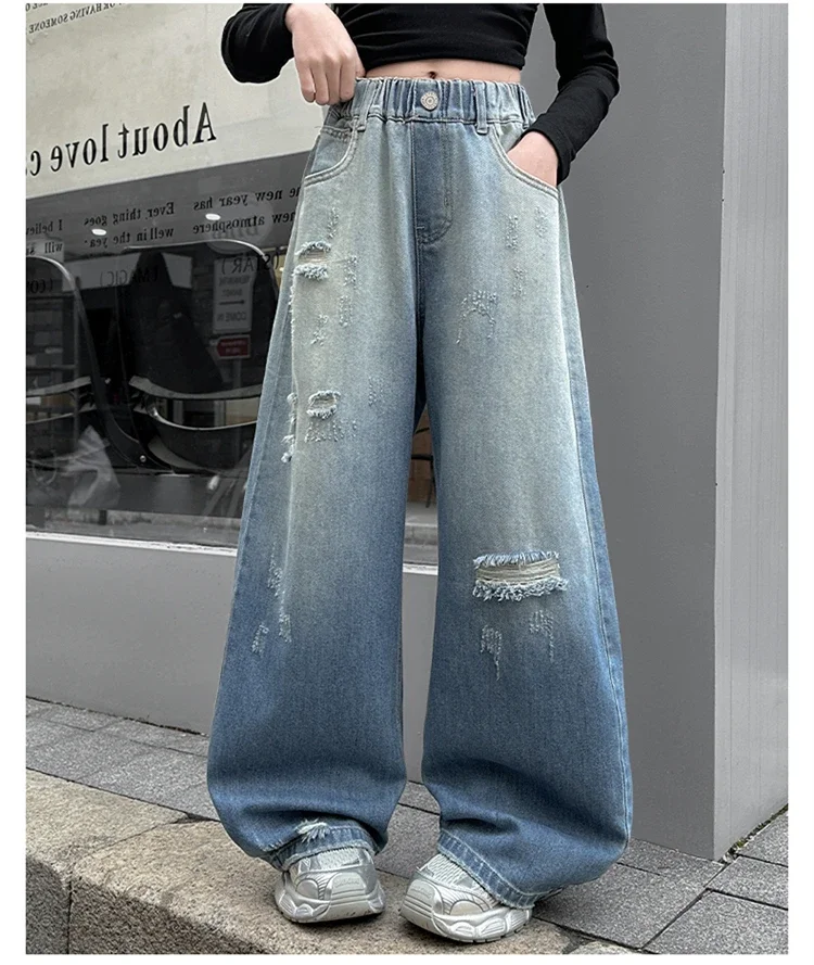 ZOETOPKID Mädchen Zerrissene Distressed Jeans Weite Hose mit Elastischem Bund Farbverlauf Denim-Hose für Kinder – Detail 2
