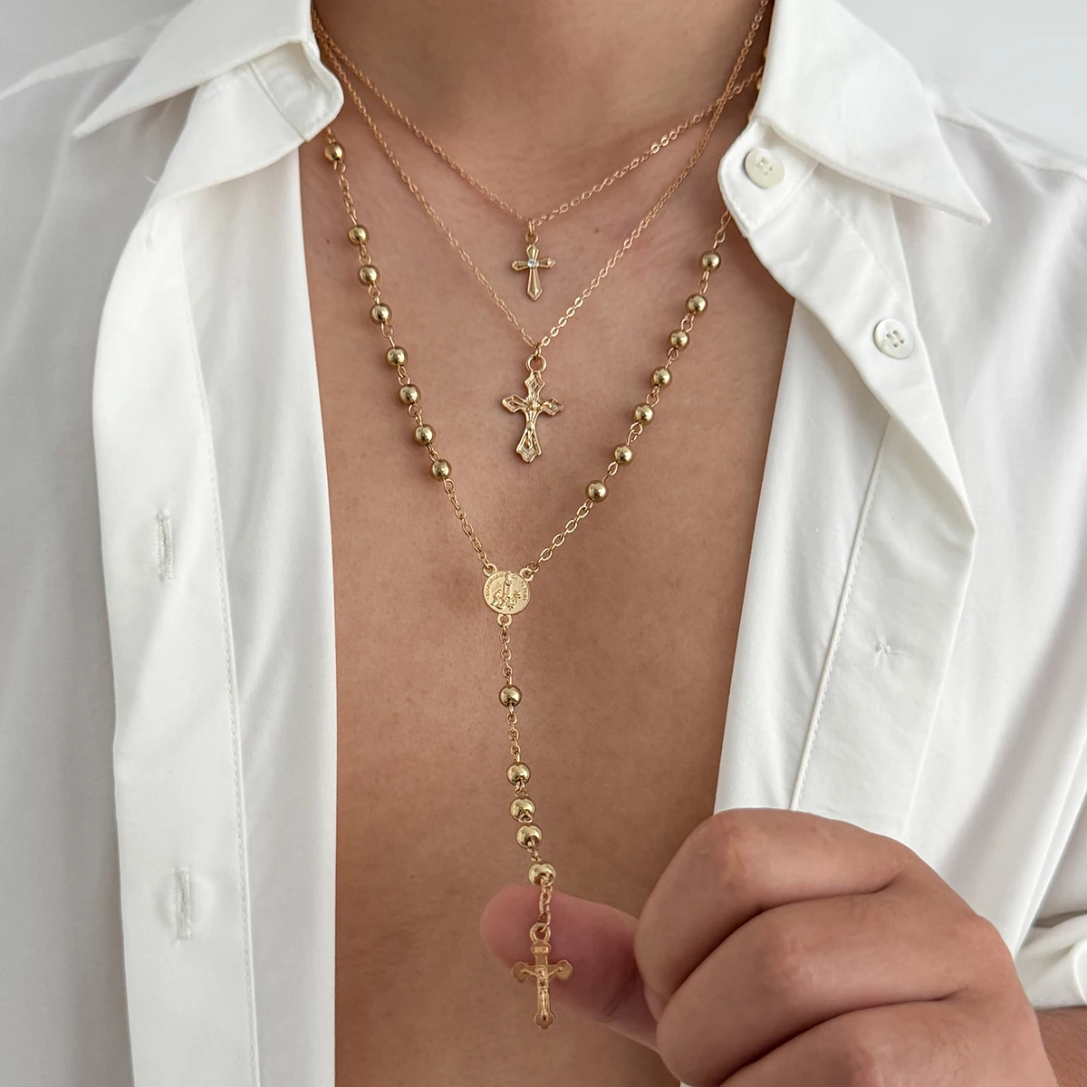 SHIXIN 3 Pcs/Set Hip Hop Jesus Cross Pendant Necklace for Men New Trendy Stackable Bead Chain Choker 2025 Trendy Male Jewelry