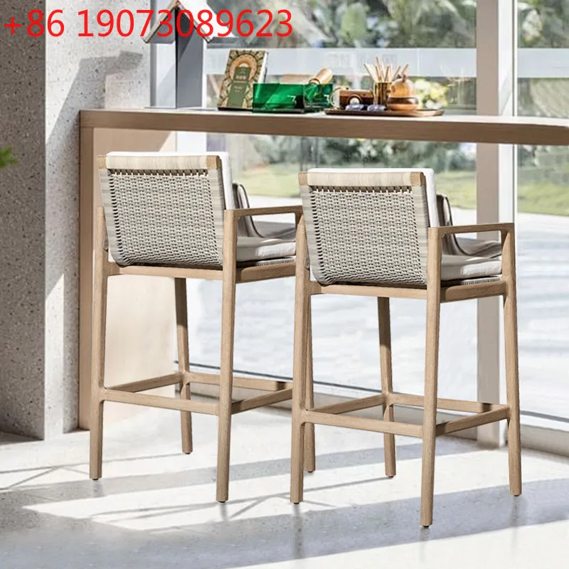 

Outdoor Solid Wood Bar Stools Patio Villa Balcony Rattan