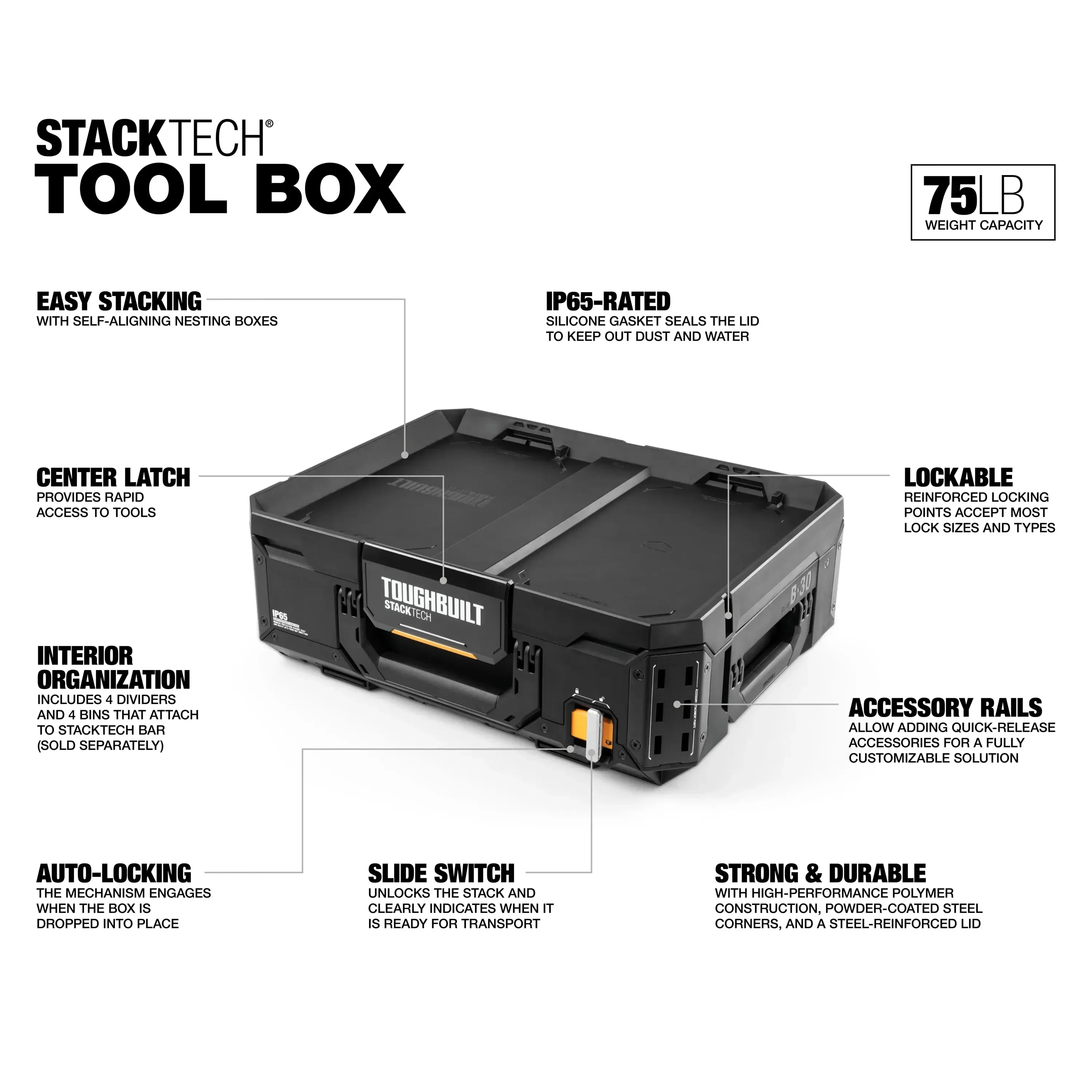 TOUGHBUILT TB-B1-B-30 StackTech Tool Box Multi-functional Maintenance Parts Box Stackable Medium Toolbox Power Tool Accessories