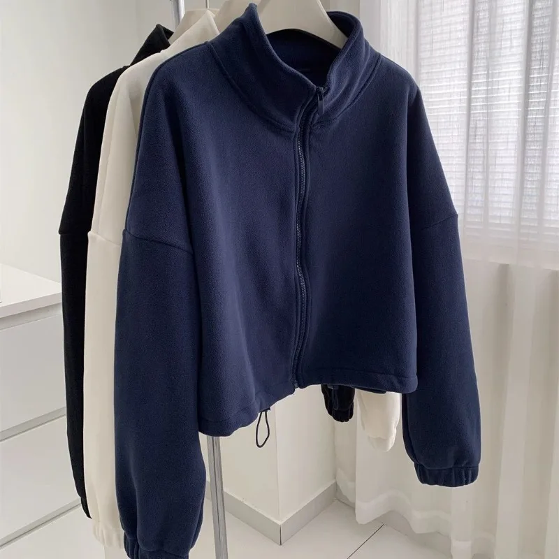 Women  Fleece Cropped Stand Collar Zip Up Cardigan Warm Polar Fleece Coat Autumn Winter