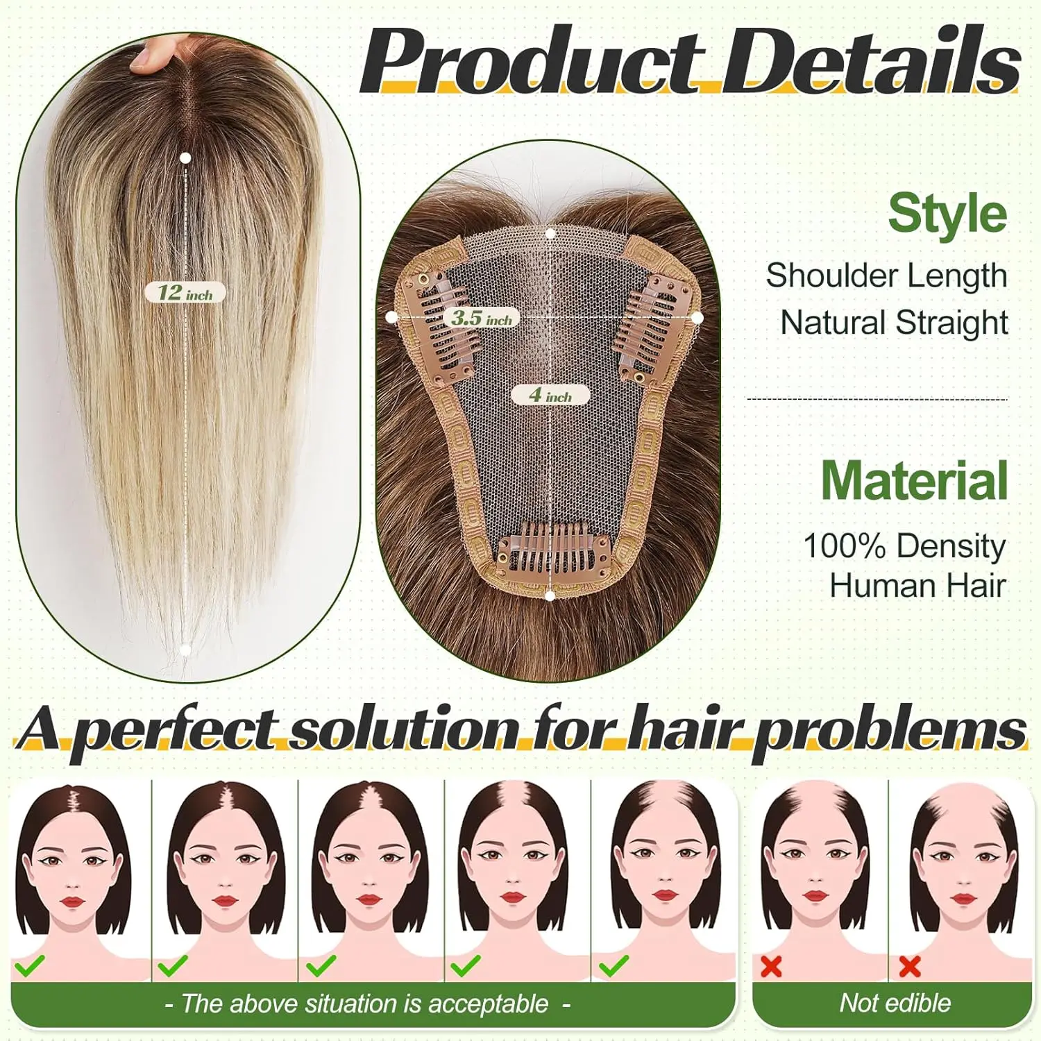 Ombre Brown 12 Inches Topper With Clips Brown Blonde Highlights Hair Toppers for Women Real Remy Human Hair Piece Hair Extension