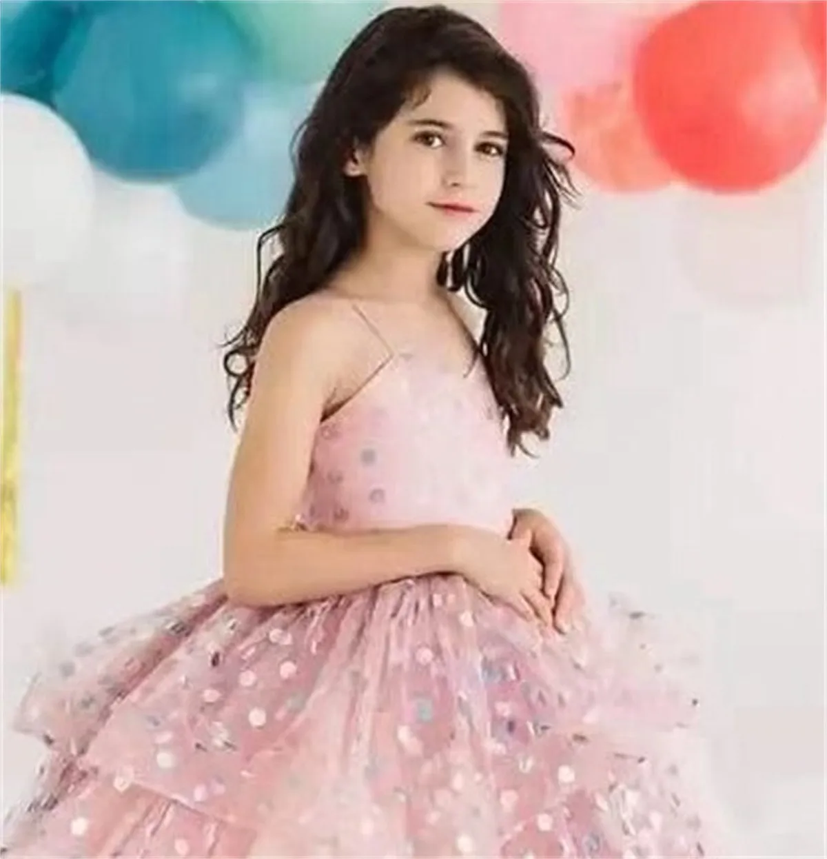 Rosa alças de espaguete tule vestido da menina flor adorável bolinhas para casamento pageant vestido de baile criança aniversário comunhão vestidos