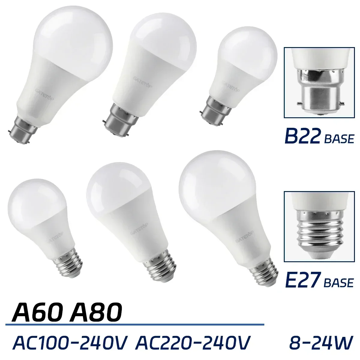 

8PCS Led Bulb Lamp A60 A80 E27 B22 AC120V 110V 220V Light Real Power 8W 24W 3000K 4000K 6000K Lamps for Home and Office Lighting