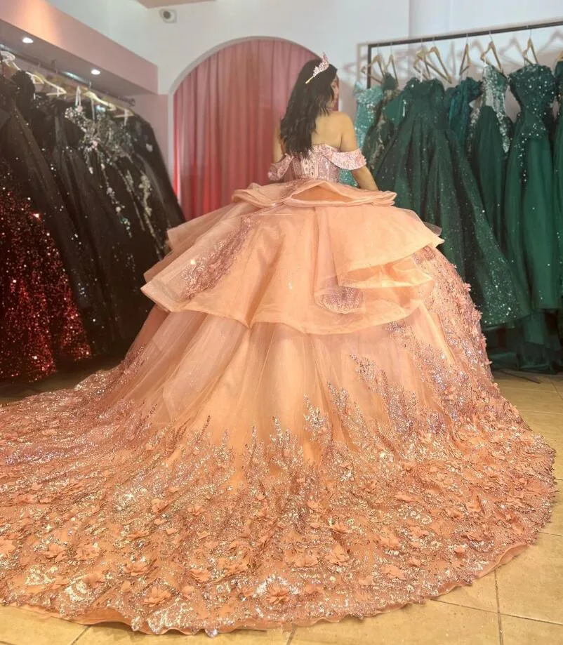 Vestidos de princesa para quinceañera, Apliques de encaje, corsé con hombros descubiertos, rosa, brillante, 15