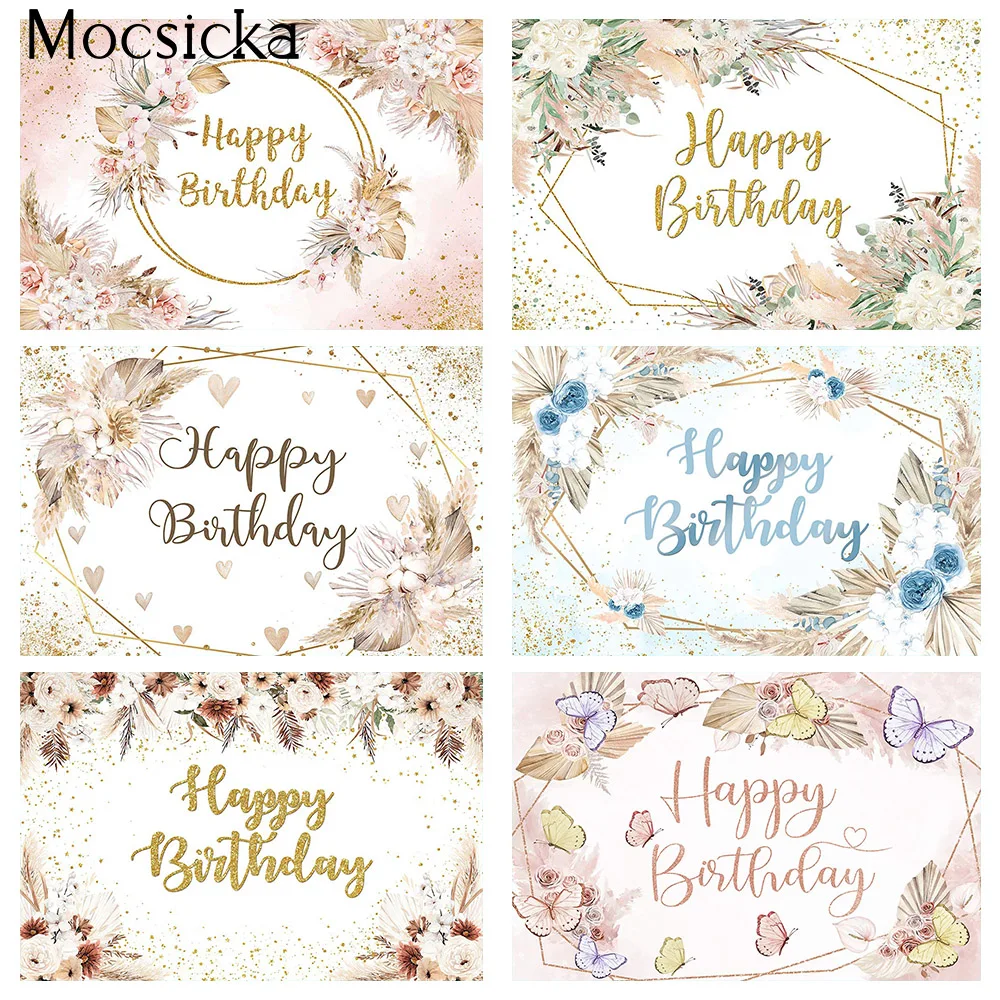 

Mocsicka Bohemian DIY Happy Birthday Background Pampas Grass Boho Flowers Girls Birthday Party Backdrop Cake Table Decorations