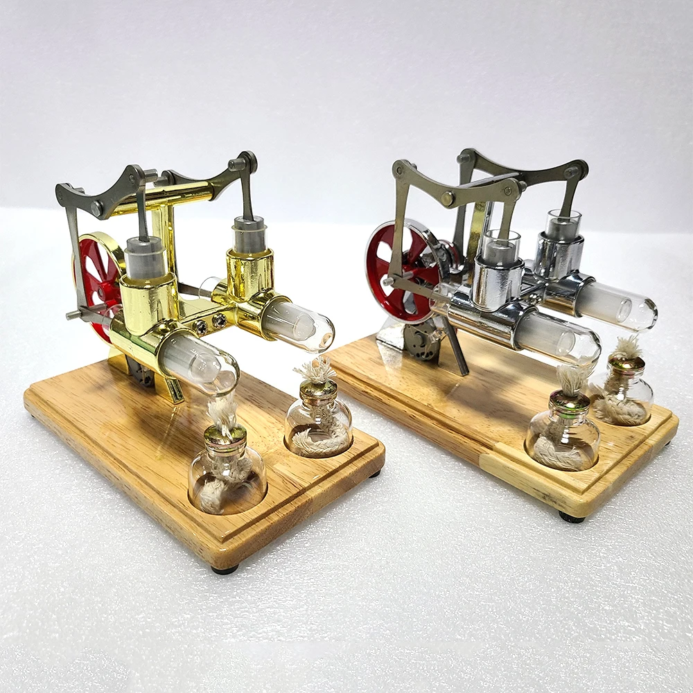 Stirling Engine Model Hot Air Motor Model Physics Twin-engine Generator Model with LED Light Flywheel Science Experiment Toy