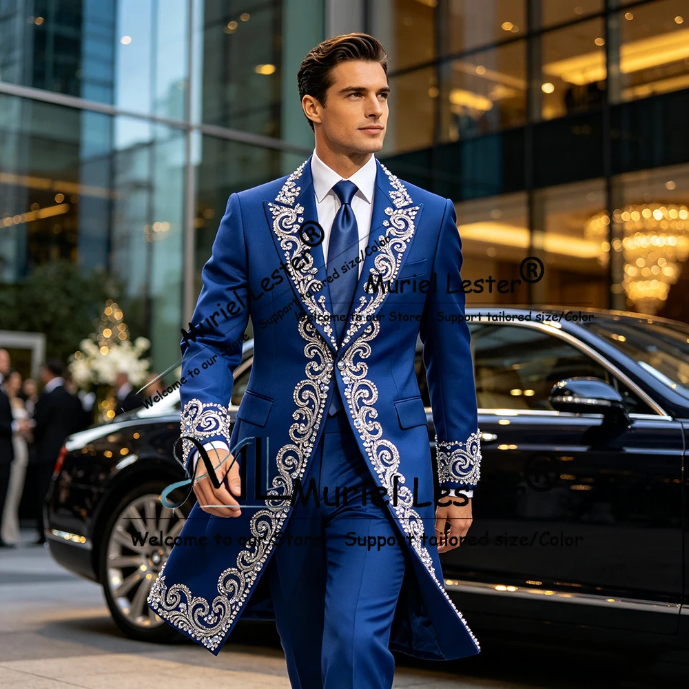 Luxury Wedding Suit For Man Sparkly Crystals Beading Prom Blazers Long Customized 2 Pieces Sets Man Banquet Tuxedo Attire 2.