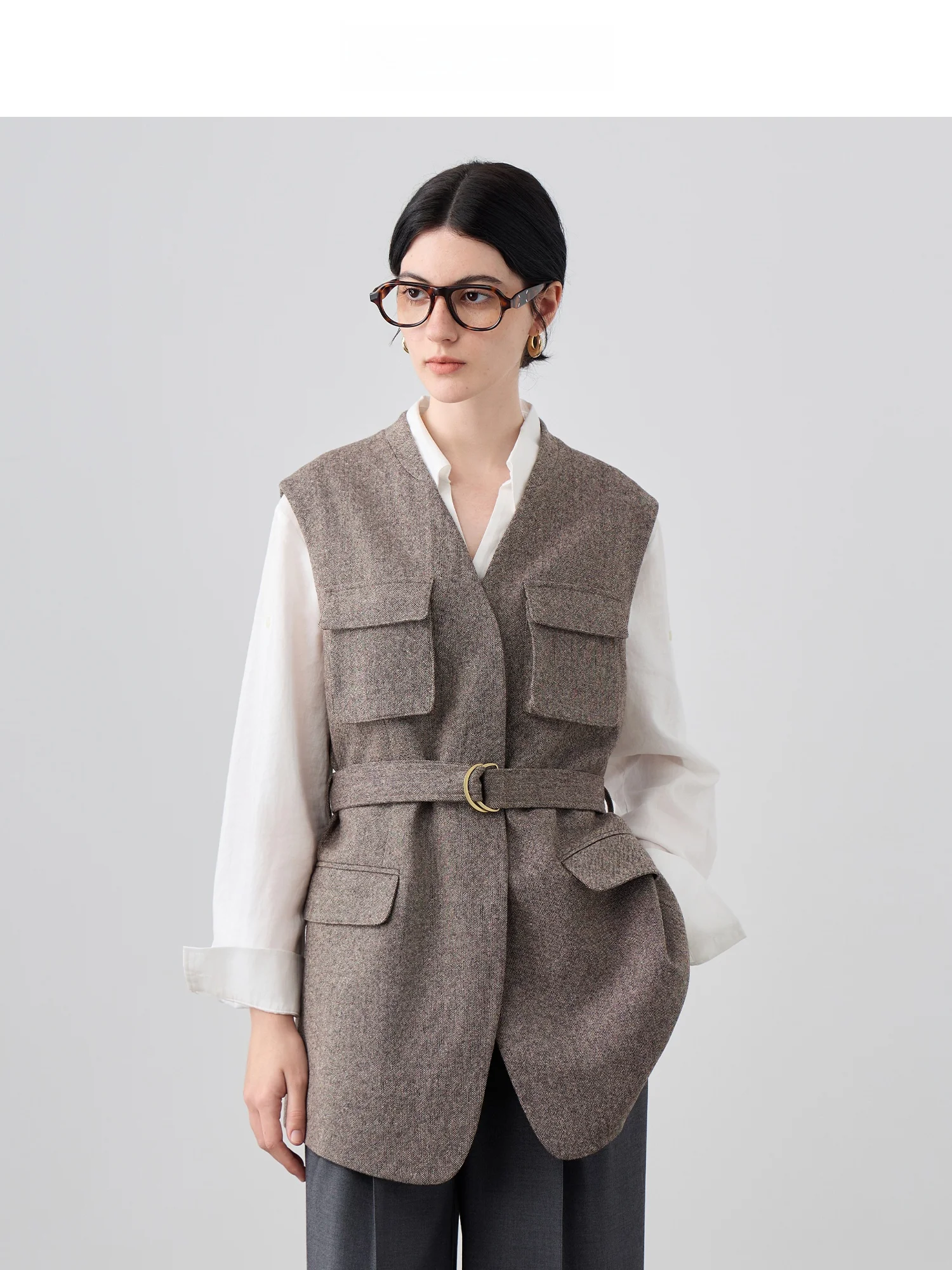 

Женский шерстяной жилет Spring Xi Li: свободный крой, с поясом, деловой стиль, модная верхняя одежда