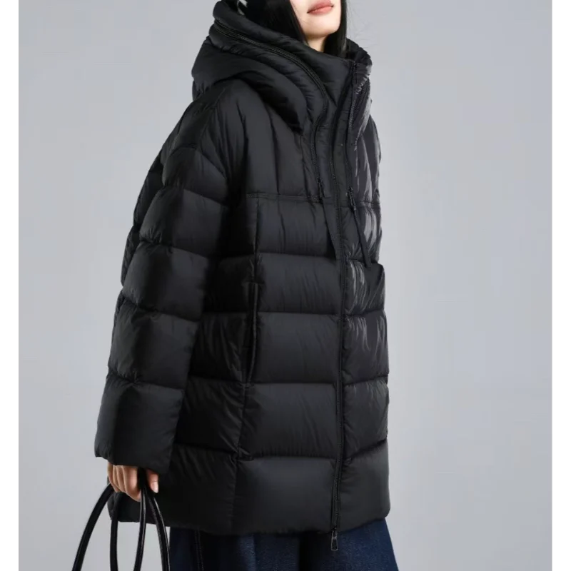 سترة نسائية متوسطة الطول وصلت حديثًا لشتاء 2025 معطف فضفاض وسميك وتصميم أنيق مع قلنسوة بسحاب #3