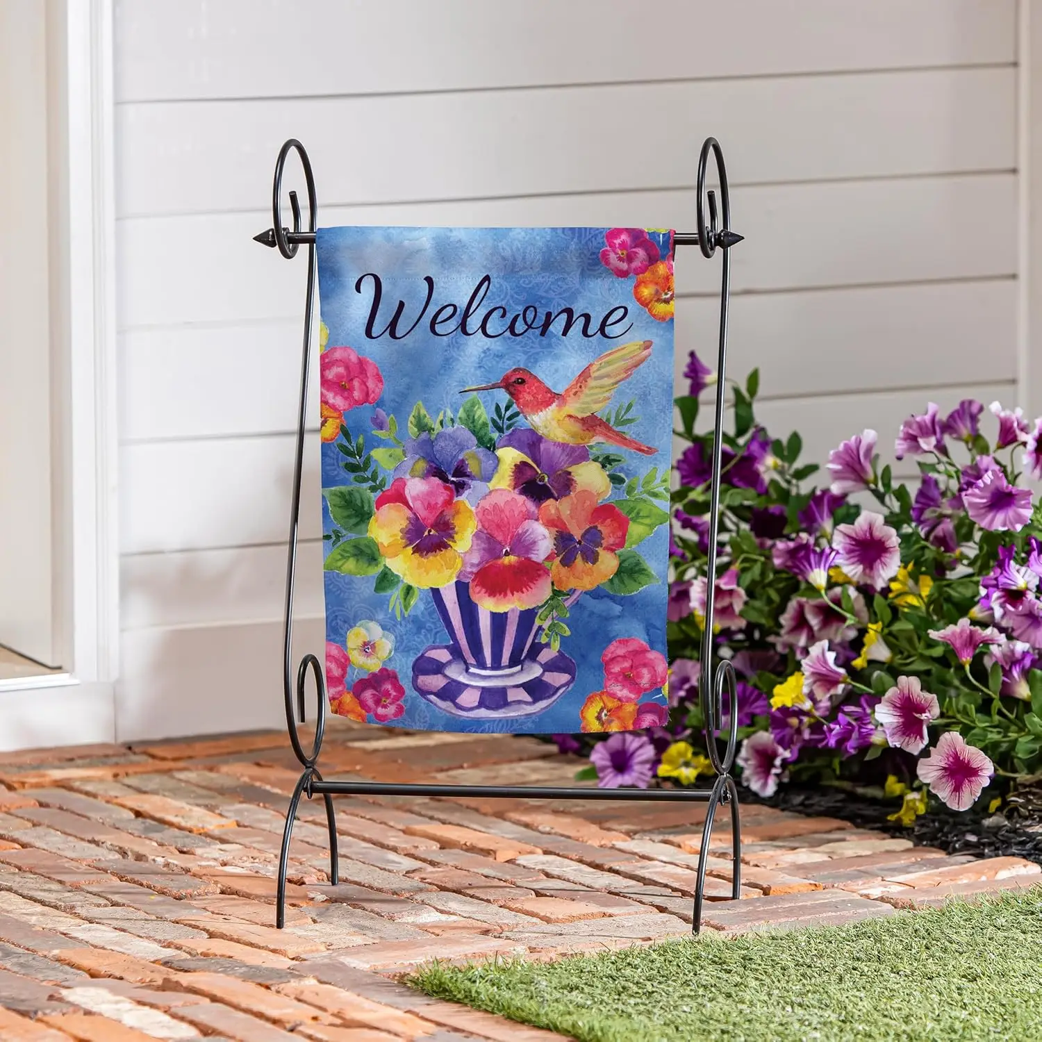 Evergreen Pansies & Hummingbird Tea Cup Suede Garden Flag 12x18 Double Sided, All Weather Flags For Outside House, Welco ZZM