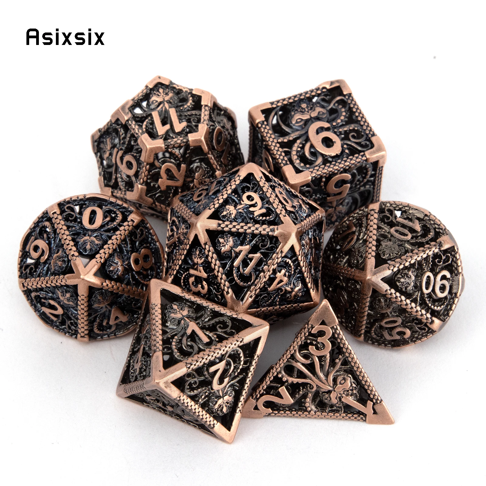 7 Pcs All Kinds of Color Squid Metal Dice Hollow Metal Polyhedral Dice Set Suitable for Role-Playing RPG  Board Game Card Game