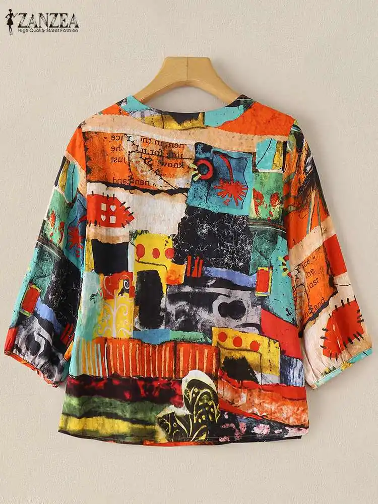 Zanzea Vrouwen Casual Losse All-Over Print Blouses Herfst 2024 Vintage 3/4 Mouw Blusas Mujer Vakantie Vrije Tijd O Hals Tuniek Tops