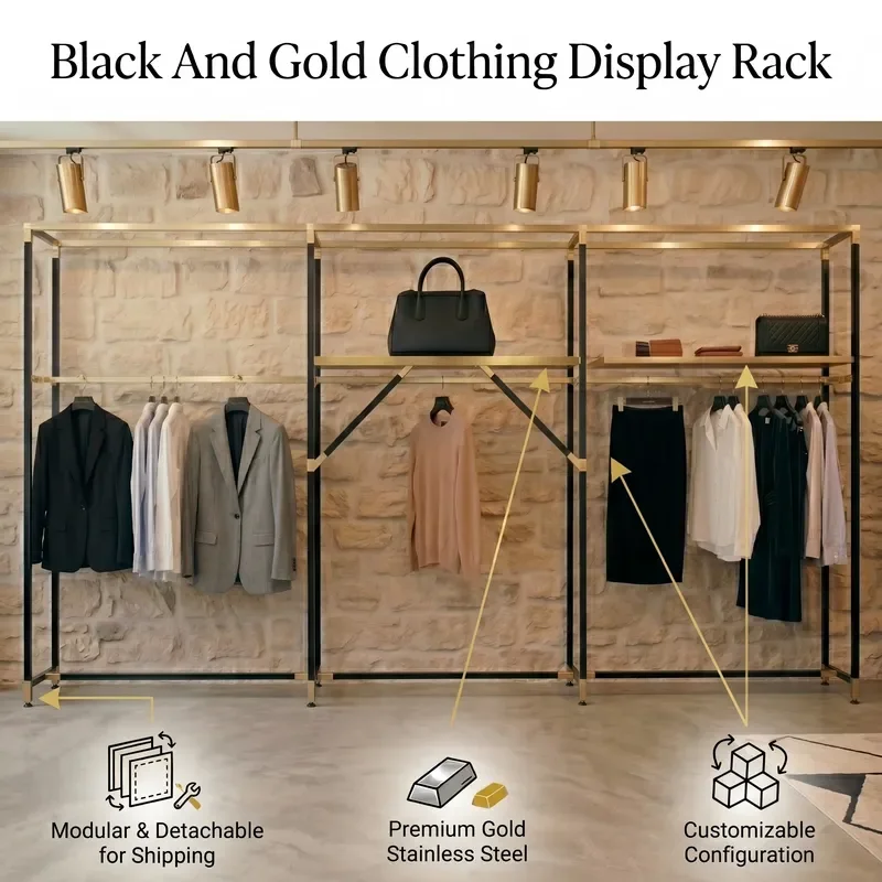 Black and Gold Clothing Racks Male Store Men Clothing Store Racks Clothing Rack for Boutique Modern
