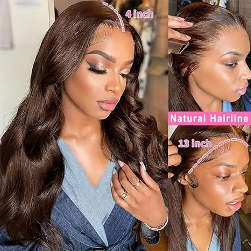 Wewave Chocolate Brown 13x6 Human Hair Wigs HD Lace Body Wave Wig 200% Density Re Plucked Bleached Knoted Brazilian Hair Wigs image 2