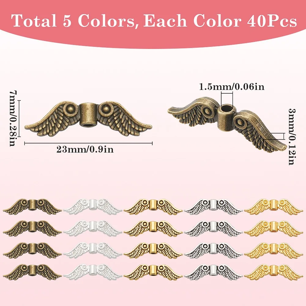 200Pcs 5 Colors Style Alloy Beads Lead Free Cadmium Free Wing Mixed Color 7x23x3mm Hole: 1.5mm 40pcs/color