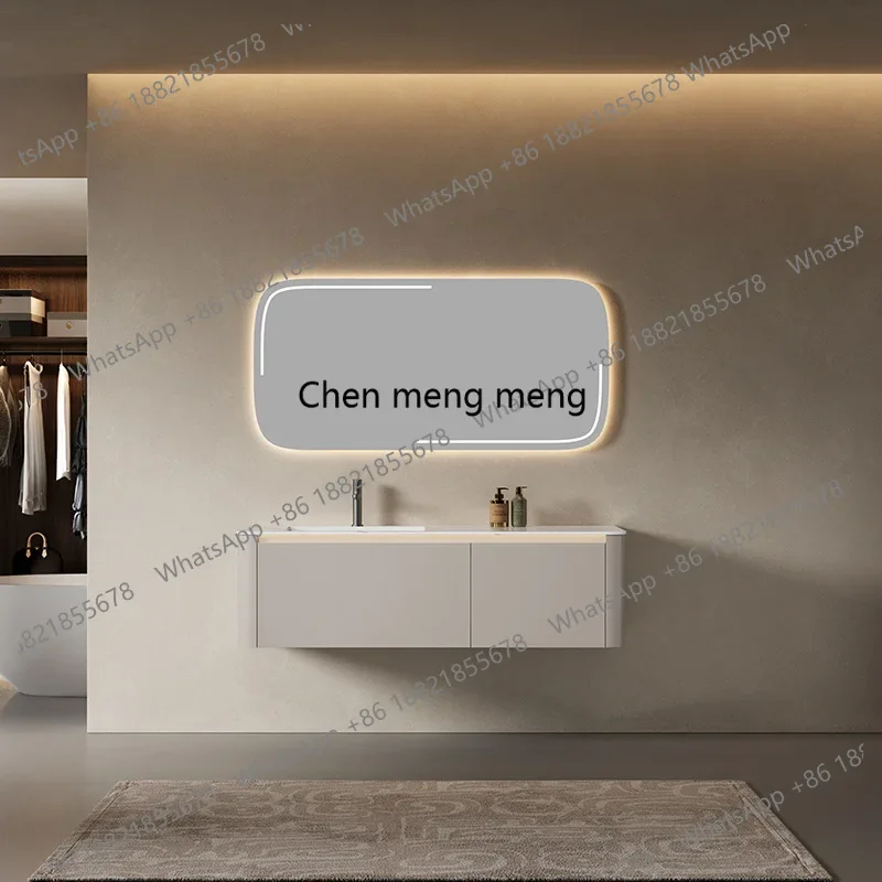 

F150 Light luxury cream wind rock slab bathroom cabinet ceramic integrated basin with LED light mirror cabinet washstand