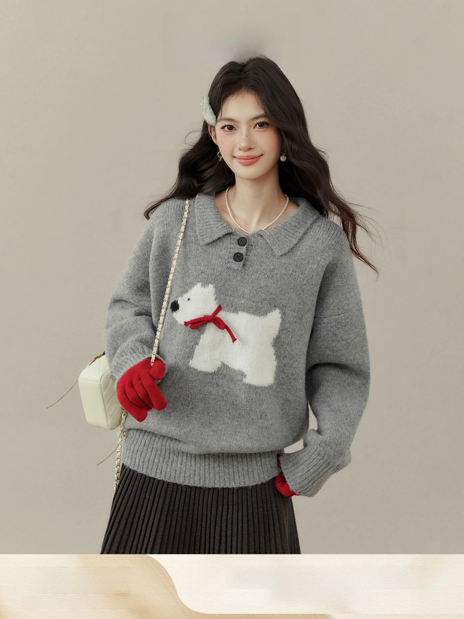 

ay Collar Knitted Sweater for Women Casual Loose Fit Long Sve Inner Wear T-irt Sle Autumn Winter Faion Pet Do...